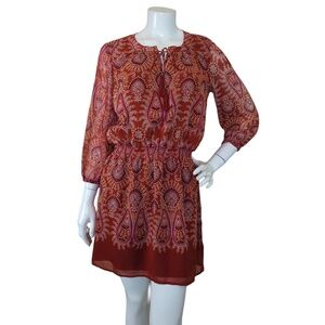 Rust Orange Red Floral Paisley Boho Tassel Short Dress